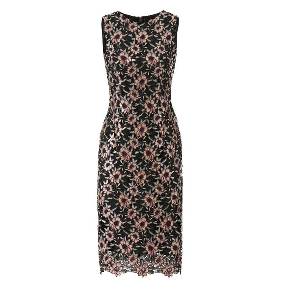 Prabal Gurung Floral Embroidered Sequin Lace Sheath Dress Black Pink Midi - Picture 2 of 12